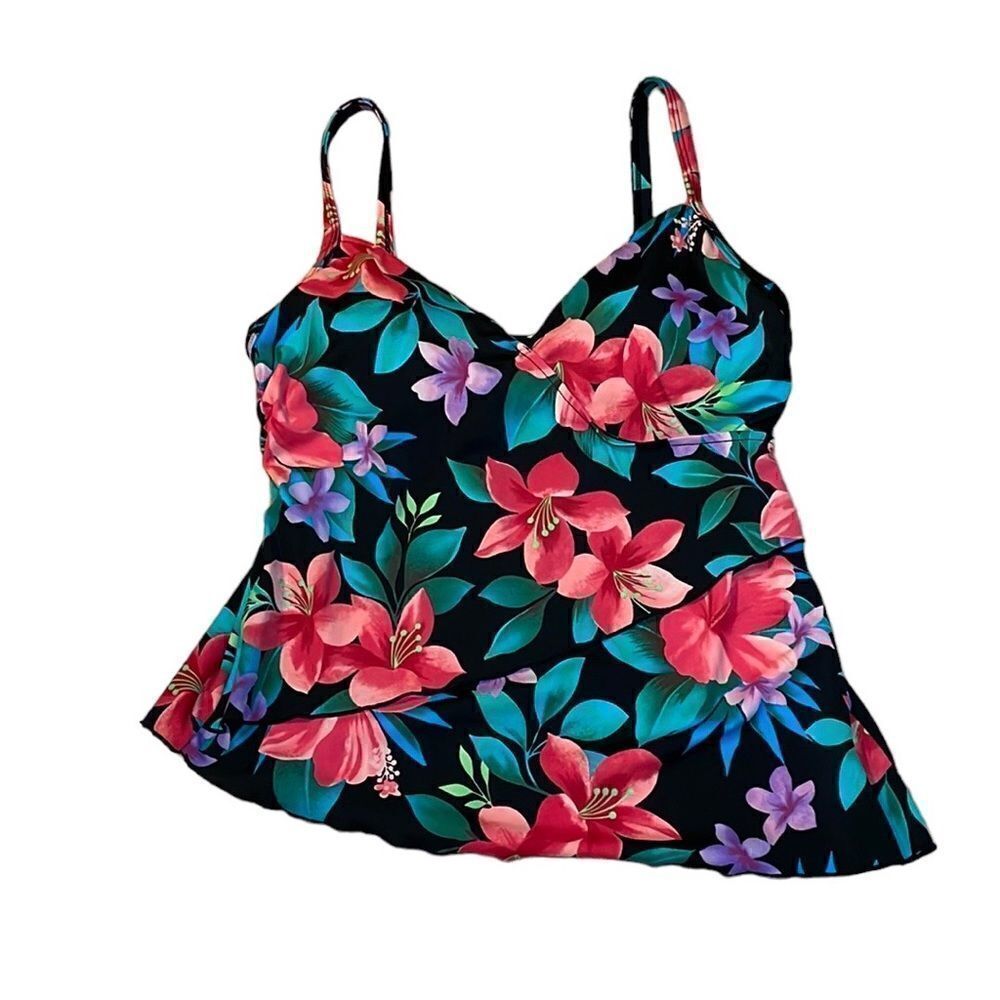 Vintage Hawaiian Swimsuit Tankini Top, Jamaica Bay, Tropical Black, Hot Pink, 10